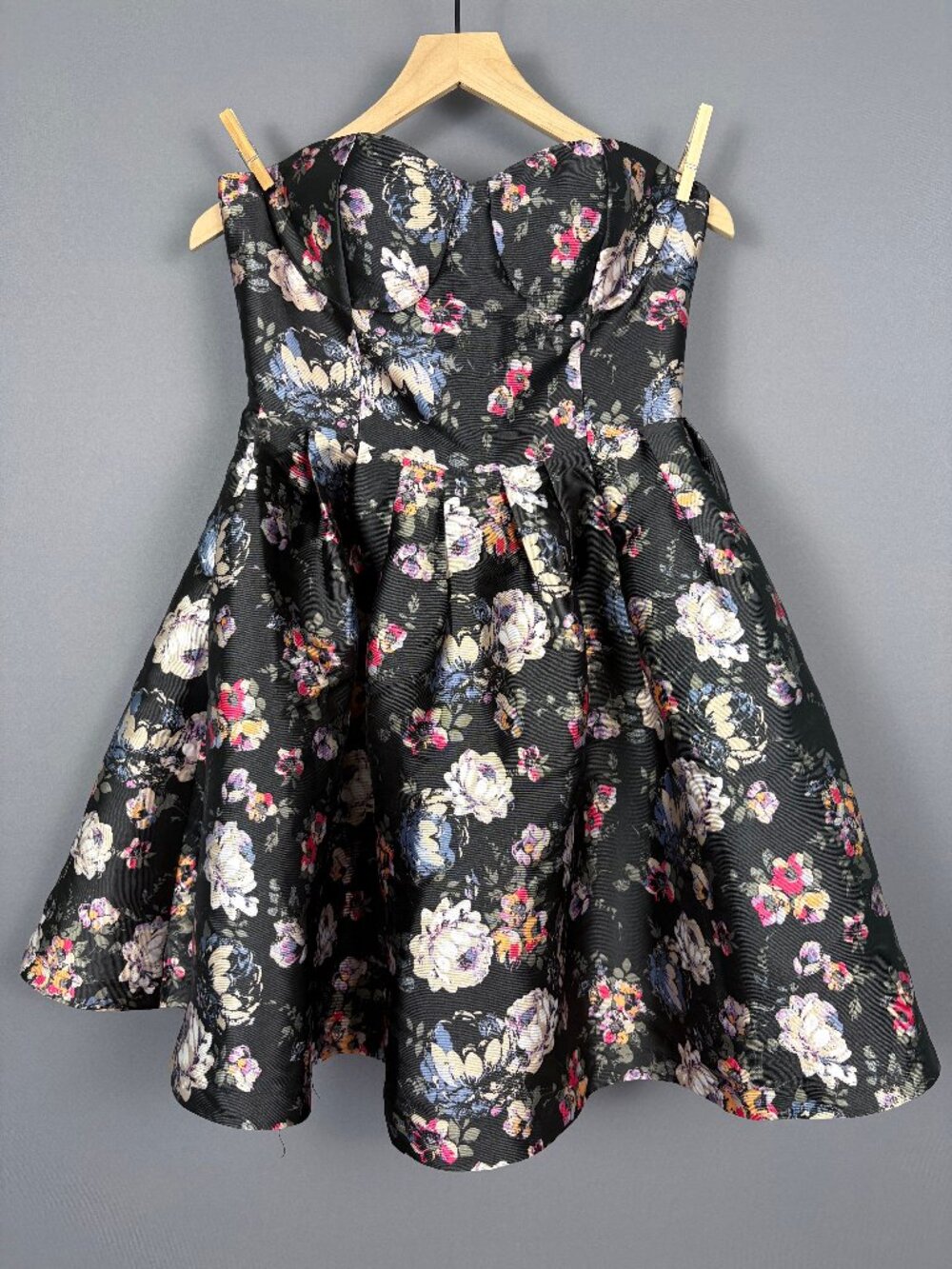 Gracia L Black Floral Strapless Bustier Fit & Flare Party Dress